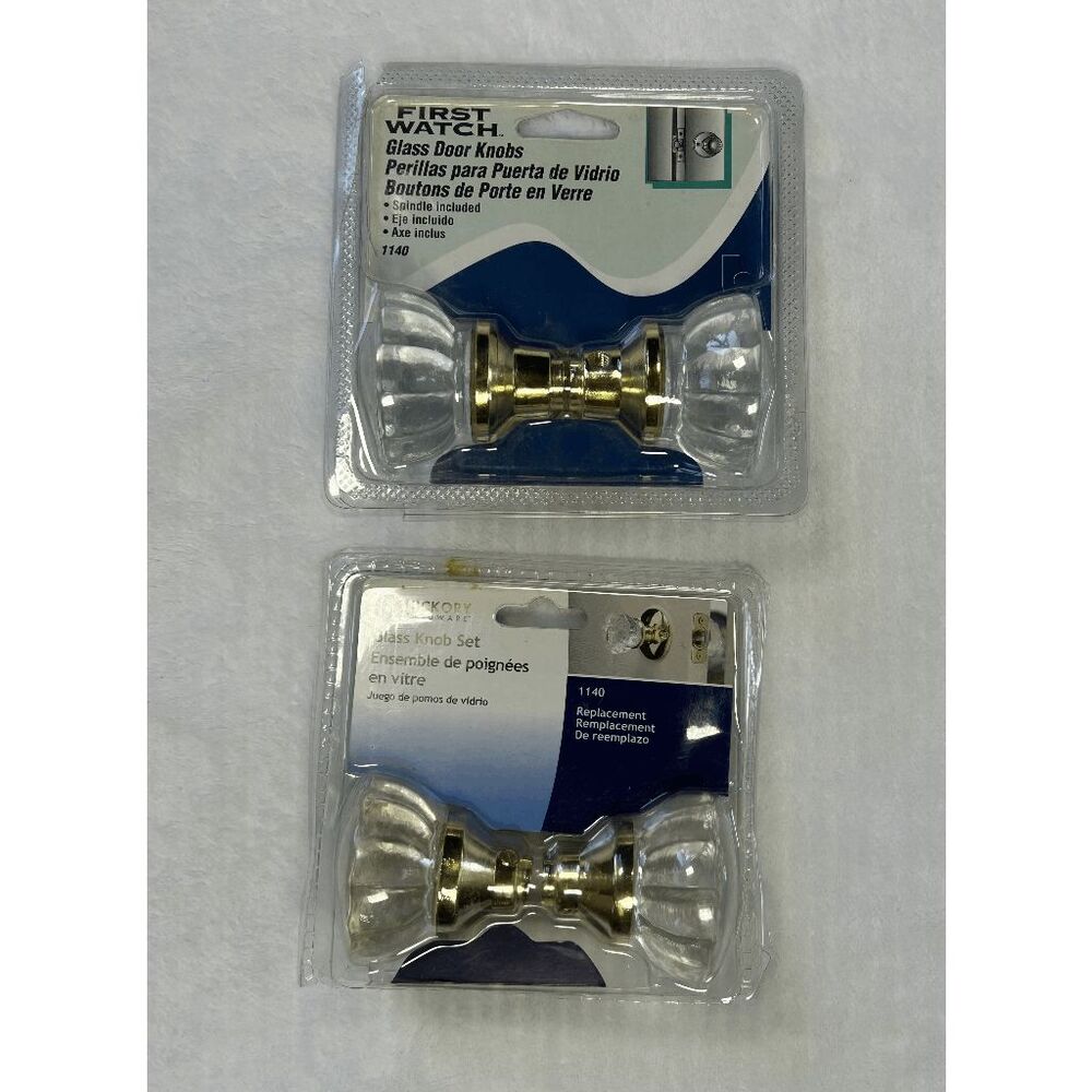 Vintage Style Crystal Glass Doorknobs Lot of Two, New in Box, Brass Finish
